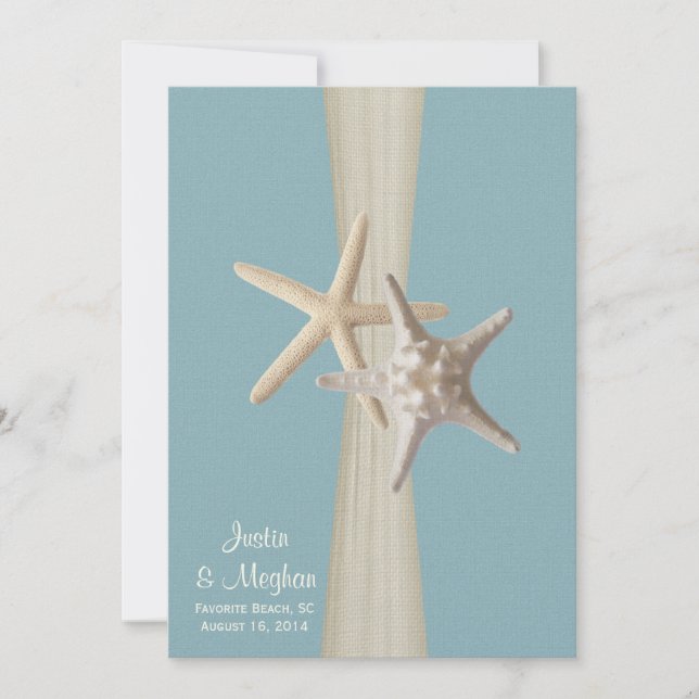 Invitación Boda de playa de Ocean Sky Blue Burlap y Starfish (Anverso)