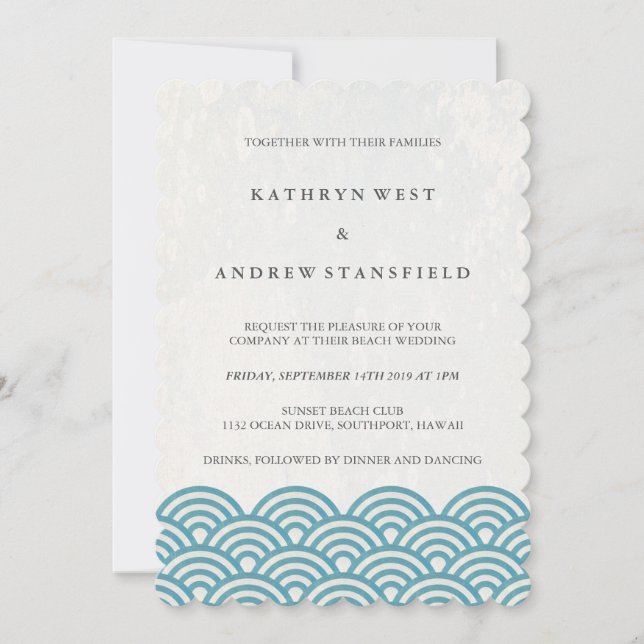 Invitación Boda de playa de olas de mar azul verde estilizado (Anverso)