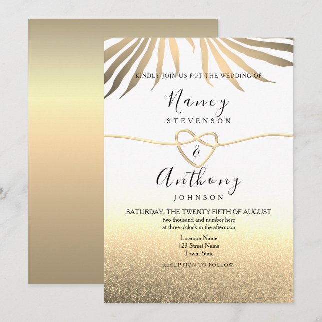 Invitación Boda de playa de oro (Anverso / Reverso)