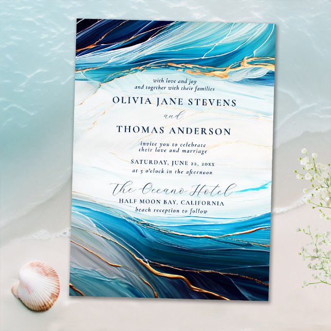 Invitación Boda de playa de Oro de la Marina Abstracta Modern (Subido por el creador)