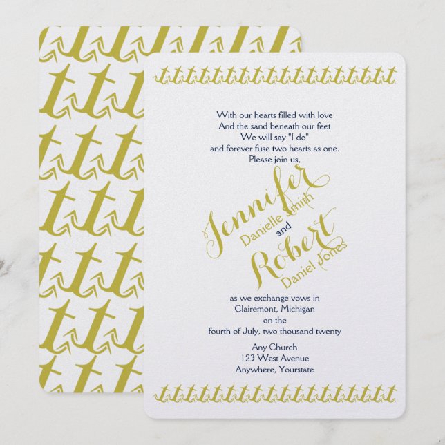 Invitación Boda de playa de oro y náutica (Anverso / Reverso)