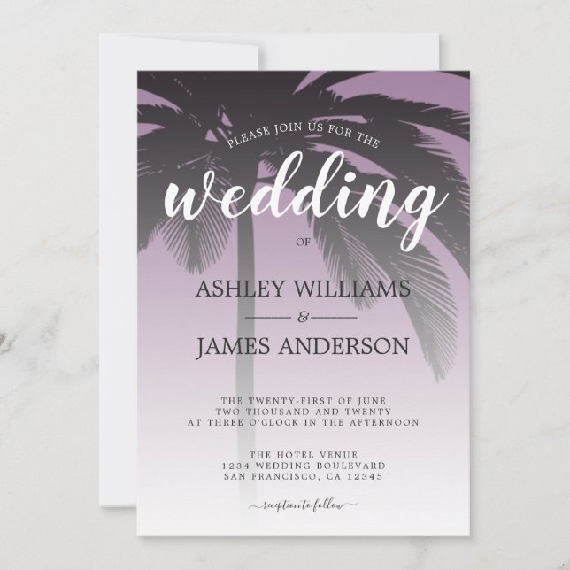 Invitación Boda de Playa de Palm Tree Dusty Lavender (Anverso)