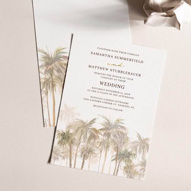 Invitación Boda de Playa de Palmeras Costeras (Coastal Palm Trees Watercolor Modern Wedding Invitation)
