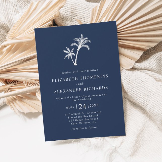 Invitación Boda de Playa de Palmeras Tropicales Azul Marina (Subido por el creador)