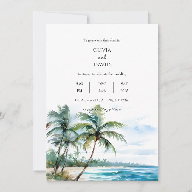 Invitación Boda de Playa de Palmeras Tropicales Tranquilas (Anverso)