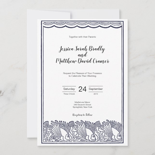 Invitación Boda de playa de peces y olas de época (Anverso)