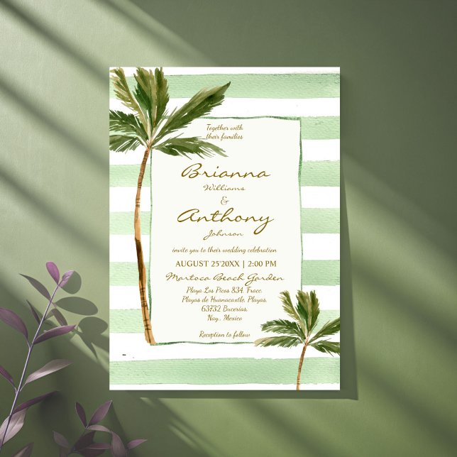 Invitación Boda de playa de rayas verdes palmeras (Green stripes palms handrawn retro beach wedding invitation cards template instant download)