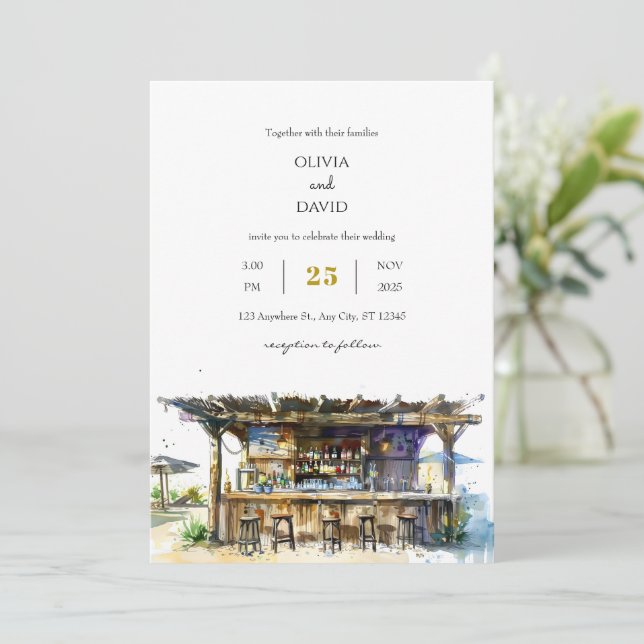 Invitación Boda de playa de Rustic Driftwood Tropical Tiki Ba (Anverso de pie)