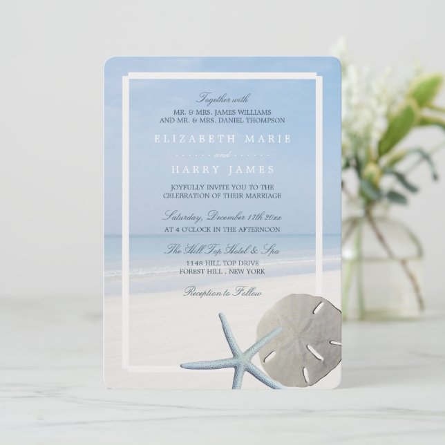 Invitación Boda de playa de Sand Dollar y Starfish (Anverso de pie)