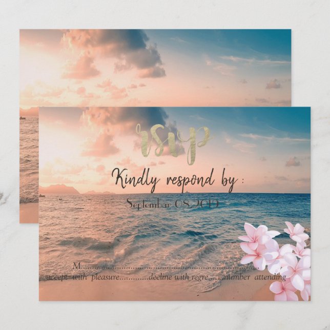 Invitación Boda de playa de Sunset, Plumeria RSVP (Anverso / Reverso)