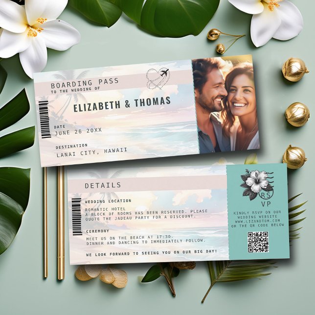 Invitación Boda de Playa de Ticket de Avión de Destino Tropic (destination wedding tropical beach sunset boarding pass invitation photo template elegant modern)