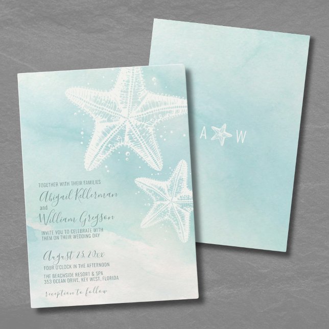 Invitación Boda de playa de verano con acuarela estelar (Starfish Watercolor Summer Beach Wedding Invitation)
