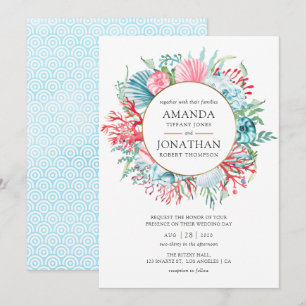 Invitación Boda de playa de verano verde azulada y coral
