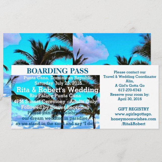 Invitación Boda de playa | Destino de pases de embarque (Anverso / Reverso)