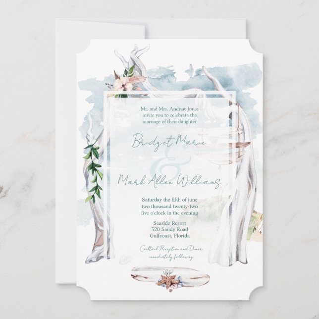 Invitación Boda de playa Driftwood Arbor Boho (Anverso)