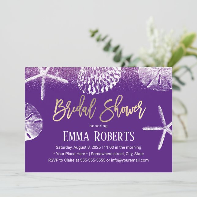 Invitación Boda de playa Ducha de novia Aguas de mar púrpura (Anverso de pie)