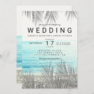 Invitación boda de playa elegante con palmeras plateadas