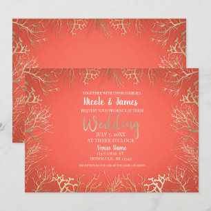 Invitación Boda de Playa Elegante Naranja Coral Dorado Modern