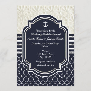 Invitación Boda de playa elegante náutica de azul marino y bl
