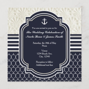 Invitación Boda de playa elegante náutica de azul marino y bl