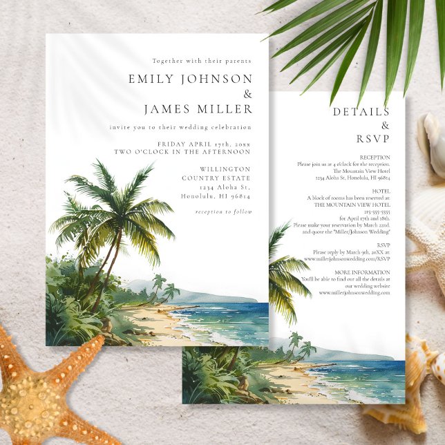 Invitación Boda de playa en acuarela moderna todo en uno (Modern All In One Watercolor Beach Wedding Invitation)