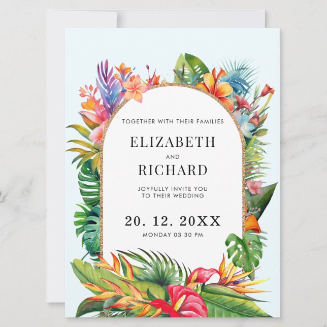 Invitación Boda de Playa Floral de hojas tropicales (Anverso)