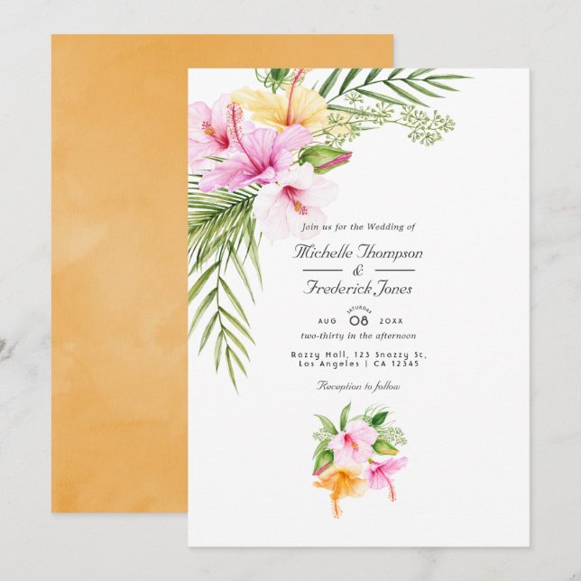 Invitación Boda de Playa Floral Tropical con Código QR para R (Anverso / Reverso)