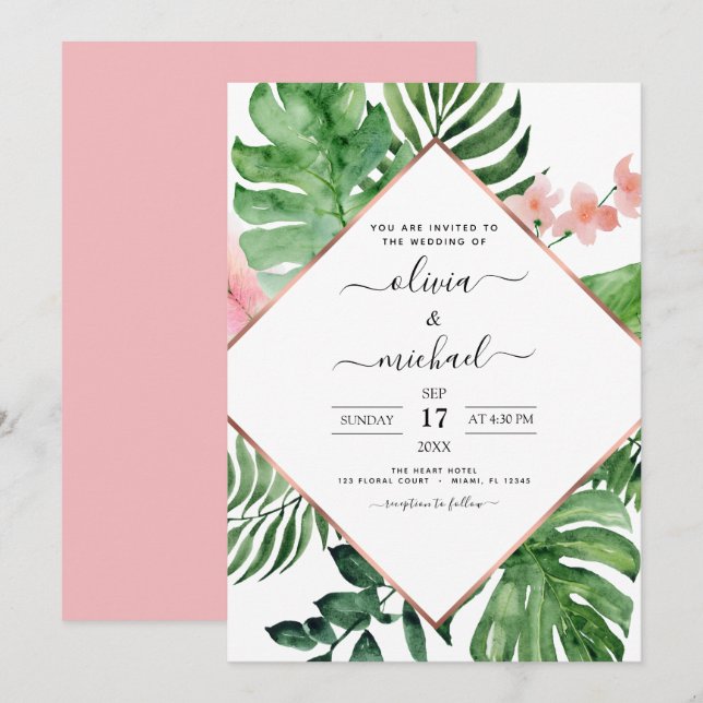 Invitación Boda de Playa Geométrica Palm Tropical (Anverso / Reverso)