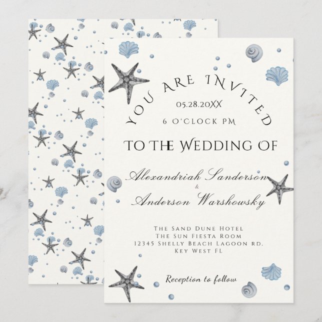Invitación Boda de Playa Gray Starfish Blue Shells (Anverso / Reverso)