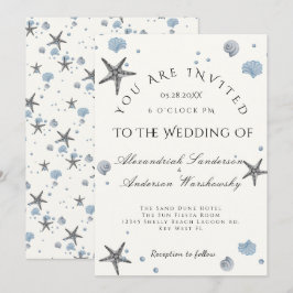 Invitación Boda de Playa Gray Starfish Blue Shells