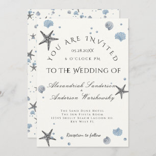 Invitación Boda de Playa Gray Starfish Blue Shells