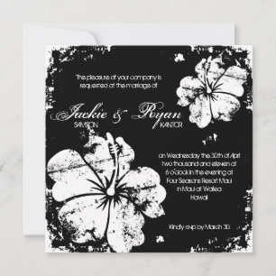 Invitación Boda de playa Grunge Hibiscus Blanco y Negro
