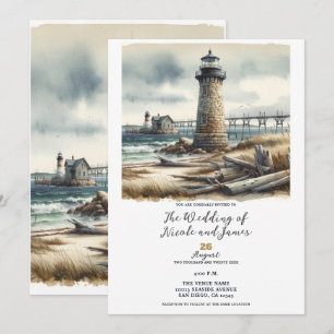 Invitación Boda de playa junto al faro costero rústico