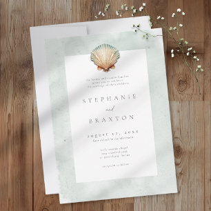 Invitación Boda de playa minimalista con acuarela de conchas 