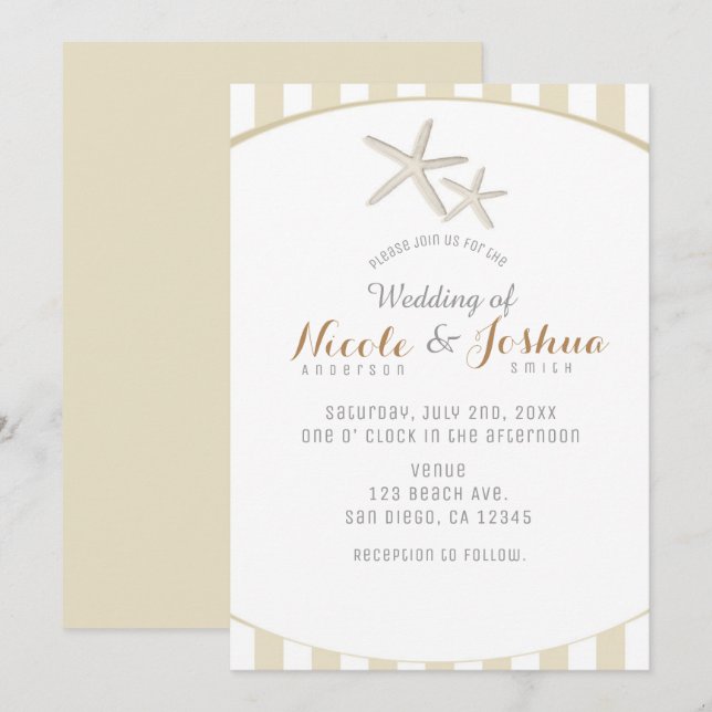 Invitación Boda de playa minimalista moderna con estrellas de (Anverso / Reverso)