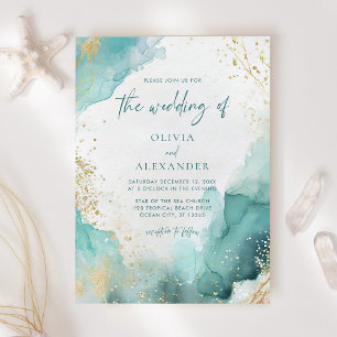 Invitación Boda de Playa Moderna Abstracta Verde Azul y Dorad