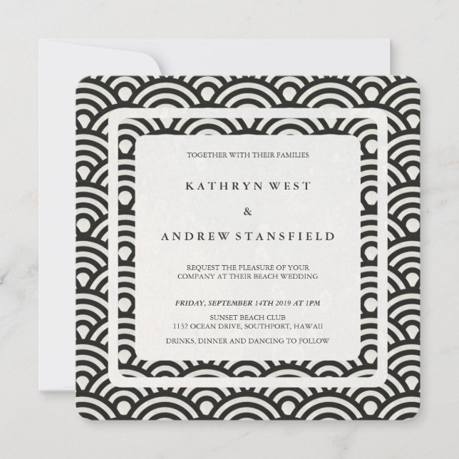Invitación Boda de playa moderna con estilo negro + blanco (Anverso)