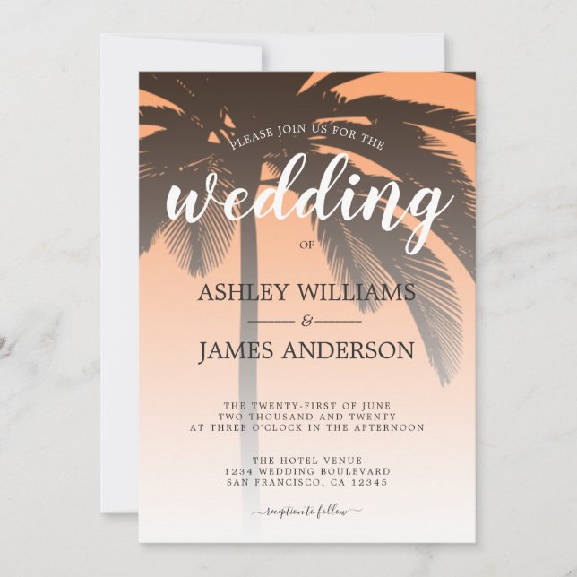 Invitación Boda de Playa Naranja de Palm Tree Tropical (Anverso)