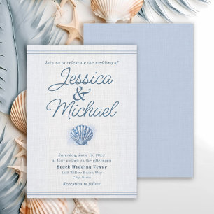 Invitación Boda de playa náutica con conchas marinas azul bla