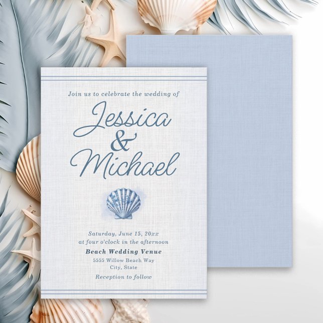 Invitación Boda de playa náutica con conchas marinas azul bla (Blue and white seashell beach wedding invitation)