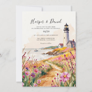 Invitación Boda de playa náutica con faro en acuarela