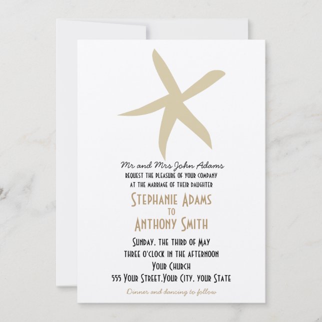 Invitación Boda de Playa Náutica Gold Starfish (Anverso)