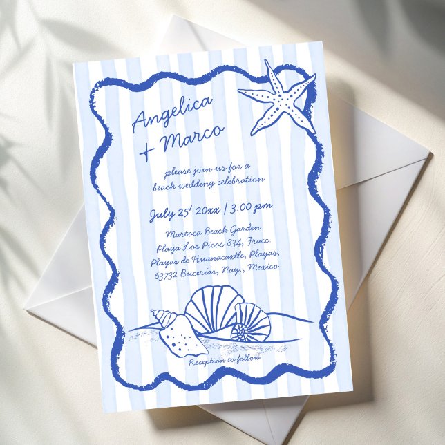 Invitación Boda de playa ondulada con pepita azul (Seashells blue handrawn wavy border sketch beach wedding invitation cards template instant download)