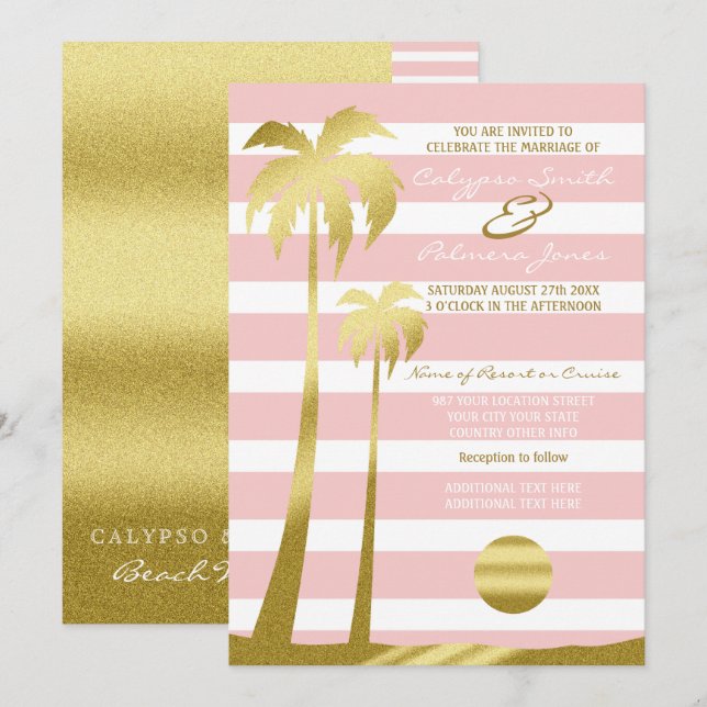Invitación Boda de playa Purpurina de oro palmeras rayas rosa (Anverso / Reverso)