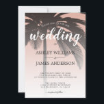 Invitación Boda de Playa Rosa Dusty con Árbol de Palma<br><div class="desc">Invitación a la boda con destino a la moda con un diseño tropical de palmeras sobre un polvoriento fondo rosa, presenta caligrafía de escritura manuscrita elegante y tipografía moderna. Simplemente añada tus detalles bodas a esta elegante invitación a bodas en una playa tropical. Diseñado exclusivamente para usted por Happy Dolphin...</div>