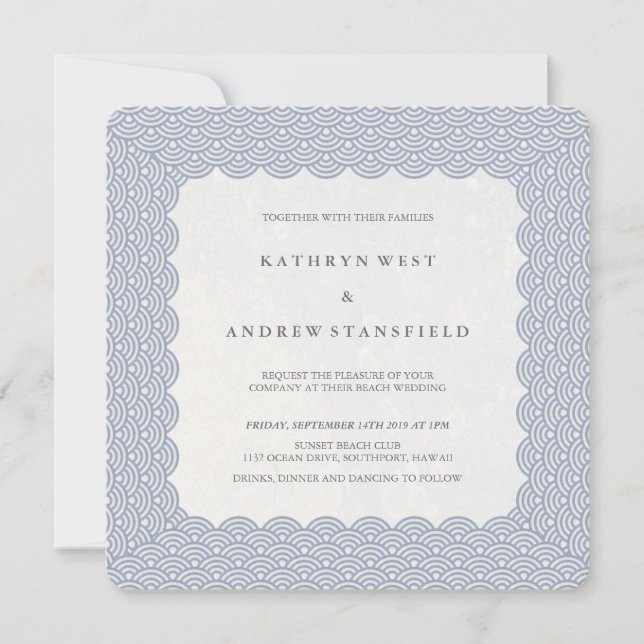 Invitación Boda de playa Seigaiha Waves con vieiras moradas-a (Anverso)