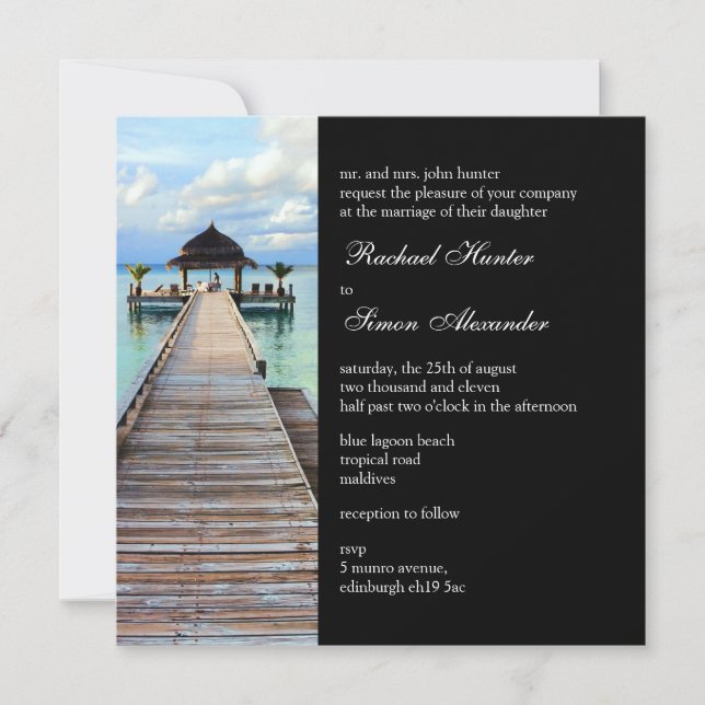 Invitación Boda de playa Serenade Jetty Maldives - negra (Anverso)