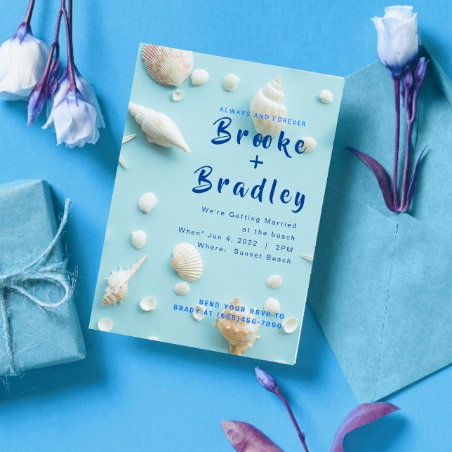 Invitación Boda de playa Sky Blue White Seashells (Subido por el creador)