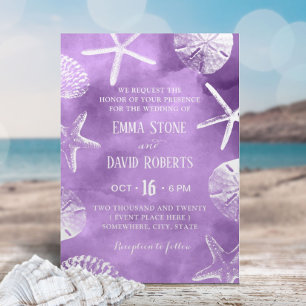Invitación Boda de playa Starfish Seashell Púrpura Acuarela