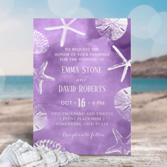 Invitación Boda de playa Starfish Seashell Púrpura Acuarela (Subido por el creador)